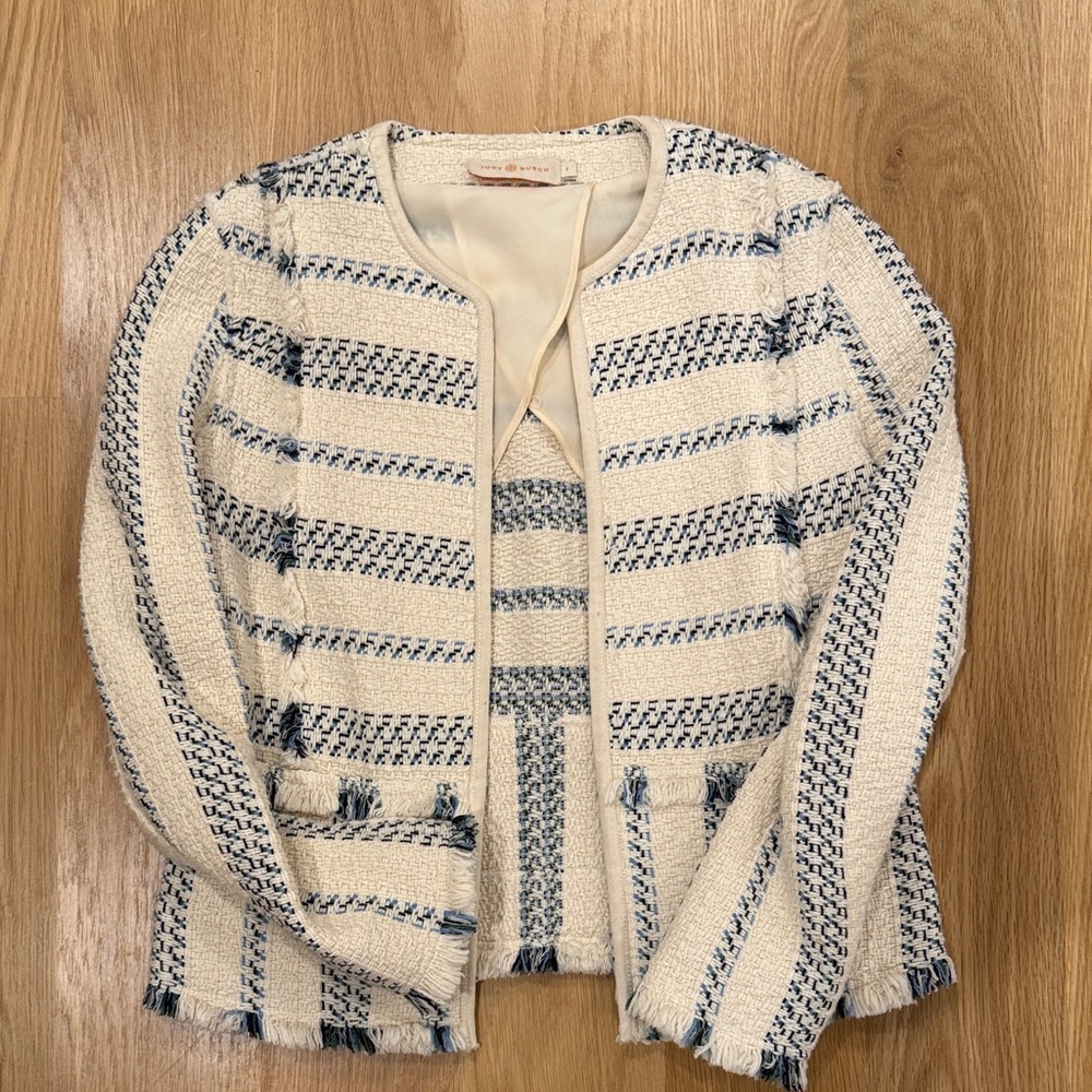 Tory Burch Cream and Blue Striped Sweater tweed